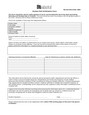 Student Self-Certification of Absence Form - Regulations