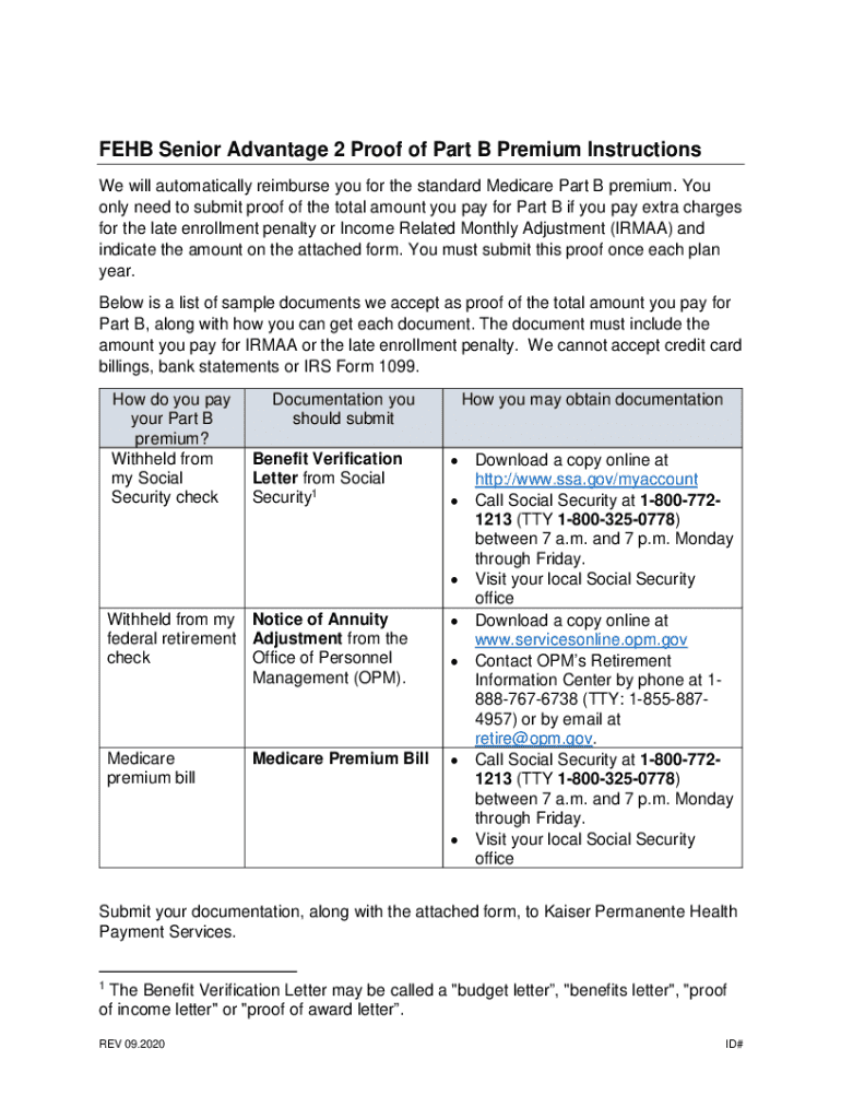 Senior Advantage 2 Proof of Part B Premium Submission Form Preview on Page 1