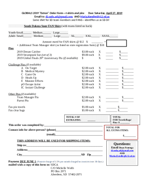 GLOBALS 2019 Extras Order Formt-shirts and pinsDue: Saturday, April 27, 2019