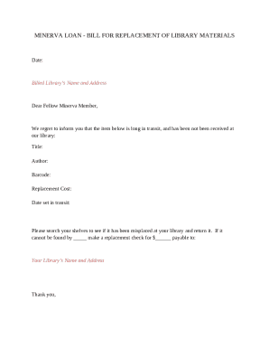 MINERVA LOAN - BILL FOR REPLACEMENT OF LIBRARY MATERIALS