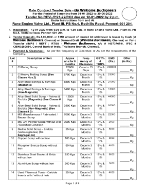 Rate Contract Tender Sale For the Period of 6 months from 01-01-2022 to 30-06-2022