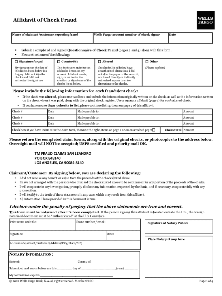 Wells fargo affidavit of check fraud: Fill out and sign online Preview on Page 1