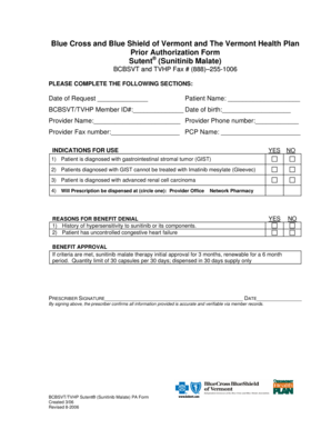 Blue Cross Blue Shield Vermont Sutent Prior Authorization Form