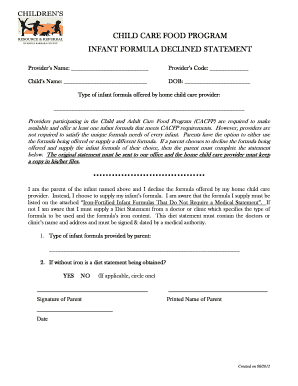 Infant Formula Declined Statement