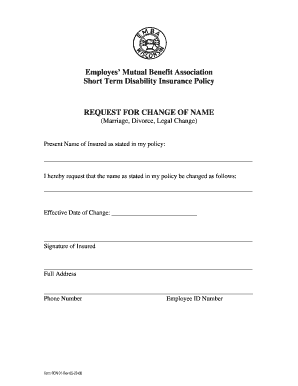 Request for Change of Name in Short Term Disability Insurance Policy