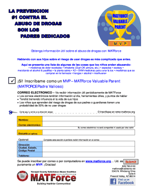 Formulario de inscripción de MATForce Valuable Parent