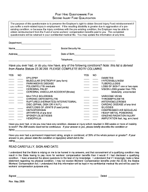 Post Hire Questionnaire for Second Injury Fund Qualification