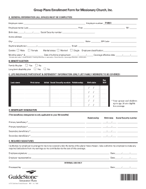 Group Plans Enrollment Form for Missionary Church