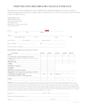 Immunization Record for College Entrance
