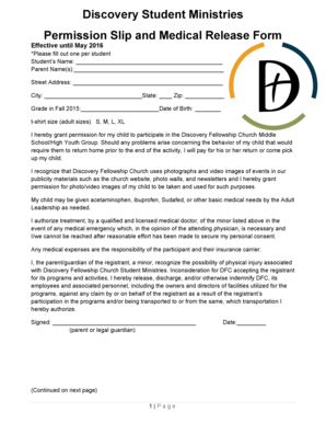 Permission slip & medical release form 2015 -2016