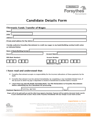 Candidate Details Form for Electronic Funds Transfer
