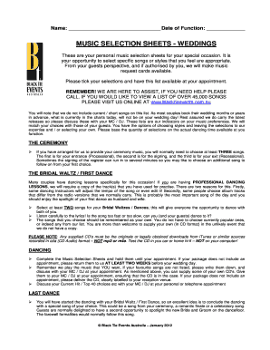 Wedding Music Selection Sheet