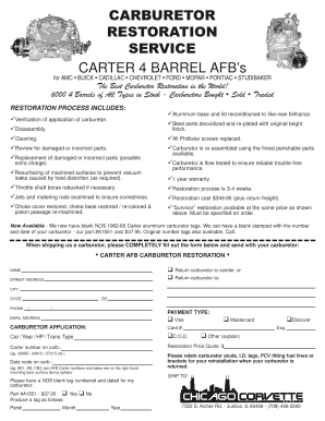 Carter AFB Carburetor Restoration Service Form