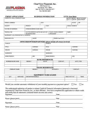 ClearView Financial Business Credit Application