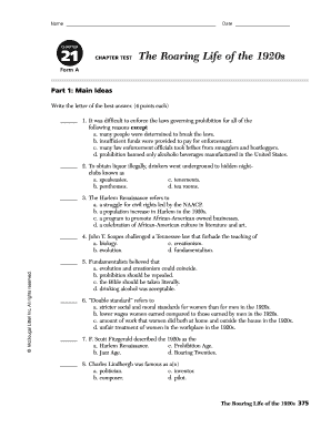 1920s History Chapter Test Form A