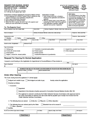 Request for Hearing on Denied Application for Counsel or Waiver of Fees