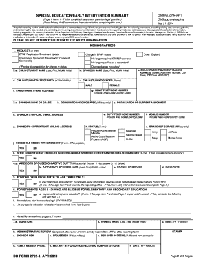 DD Form 2792-1 Special Education/Early Intervention Summary