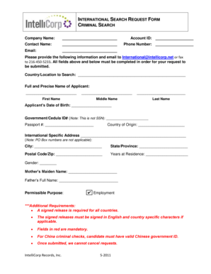 International Criminal Search Request Form