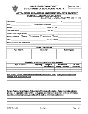 San Bernardino County Outpatient Treatment Reauthorization Request