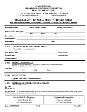 Nevada Real Estate License or Permit Change Form 504