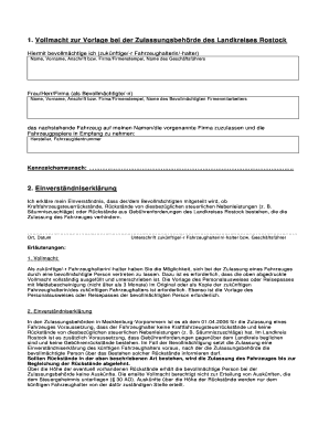 Vollmacht zur Vorlage bei der Zulassungsbehörde des Landkreises Rostock