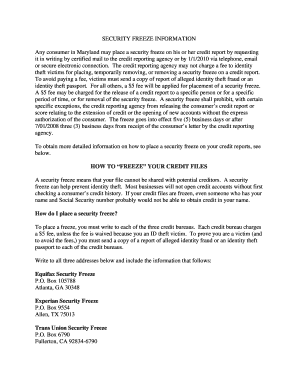 Maryland Security Freeze Request Form