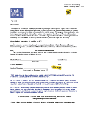 OPT Out Form for Military Recruiters