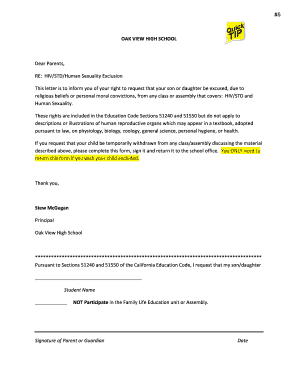 California HIV/STD/Human Sexuality Exclusion Form