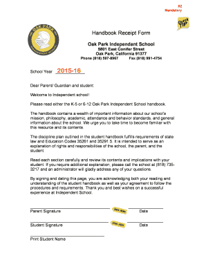 Oak Park Independent School Handbook Receipt Form