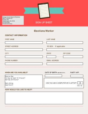 Elections Worker Sign-Up Sheet