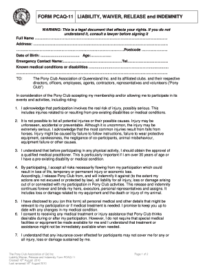 Pony Club Liability Waiver Form PCAQ-11