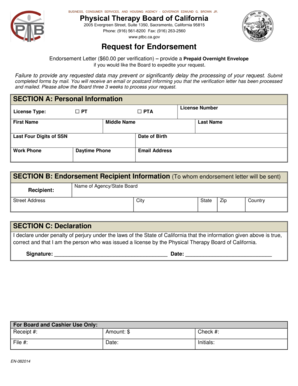 California Physical Therapy Endorsement Request