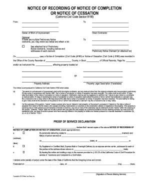 Notice of Recording of Notice of Completion or Cessation