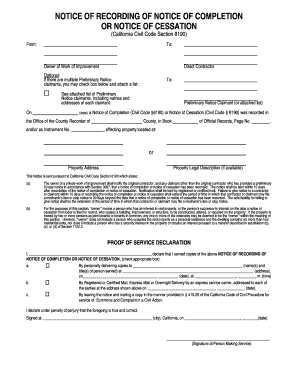 Notice of Recording of Notice of Completion or Cessation