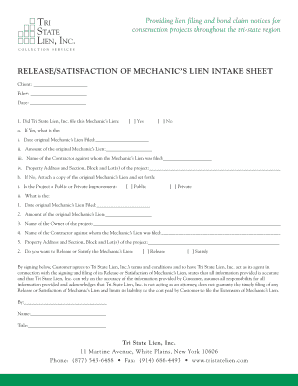 Release/Satisfaction of Mechanic’s Lien Intake Sheet