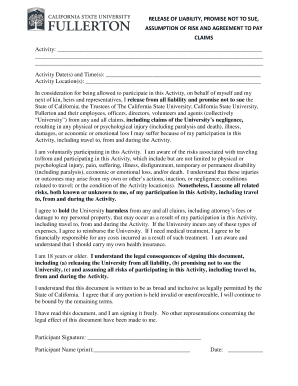 California Activity Release of Liability Form
