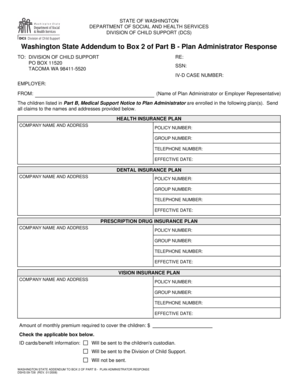 Washington State Addendum to Box 2 of Part B - Plan Administrator Response