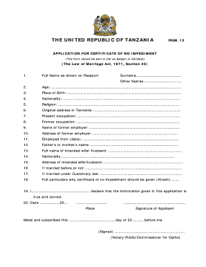 Tanzania Certificate of No Impediment Application