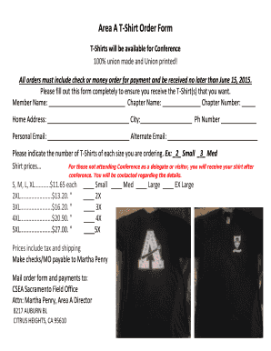 T shirt order form template - Area A T-Shirt Order Form - CSEA