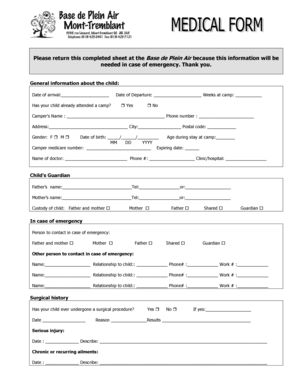Child Camp Medical and Emergency Information Form
