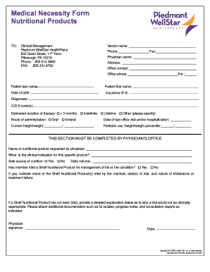 Medical Necessity Form for Nutritional Products