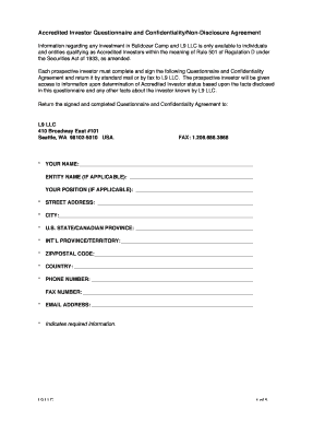 Accredited Investor Questionnaire and Confidentiality Agreement