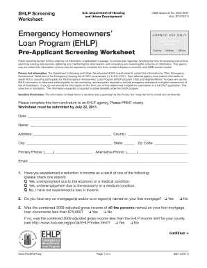 Emergency Homeowners Loan Program Pre-Application Screening Worksheet