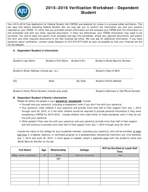 2015–2016 Verification Worksheet - Dependent Student