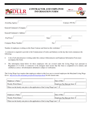 Maryland Living Wage Law Contractor and Employee Information Form