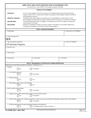 Army Child and Youth Services Health Screening Tool
