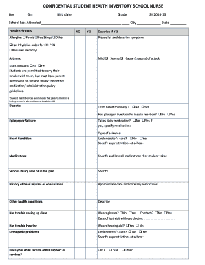 Confidential Student Health Inventory Form