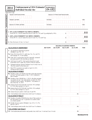Vermont Individual Income Tax Underpayment Worksheet