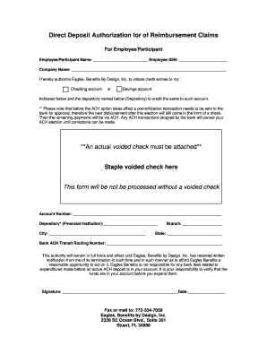 Direct Deposit Authorization for Reimbursement Claims