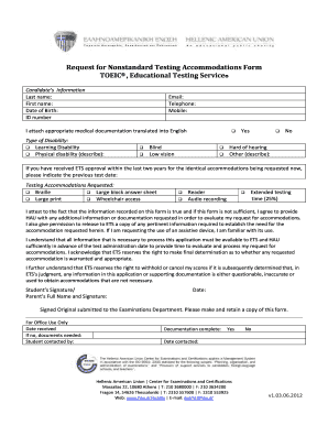 Request for Nonstandard Testing Accommodations Form